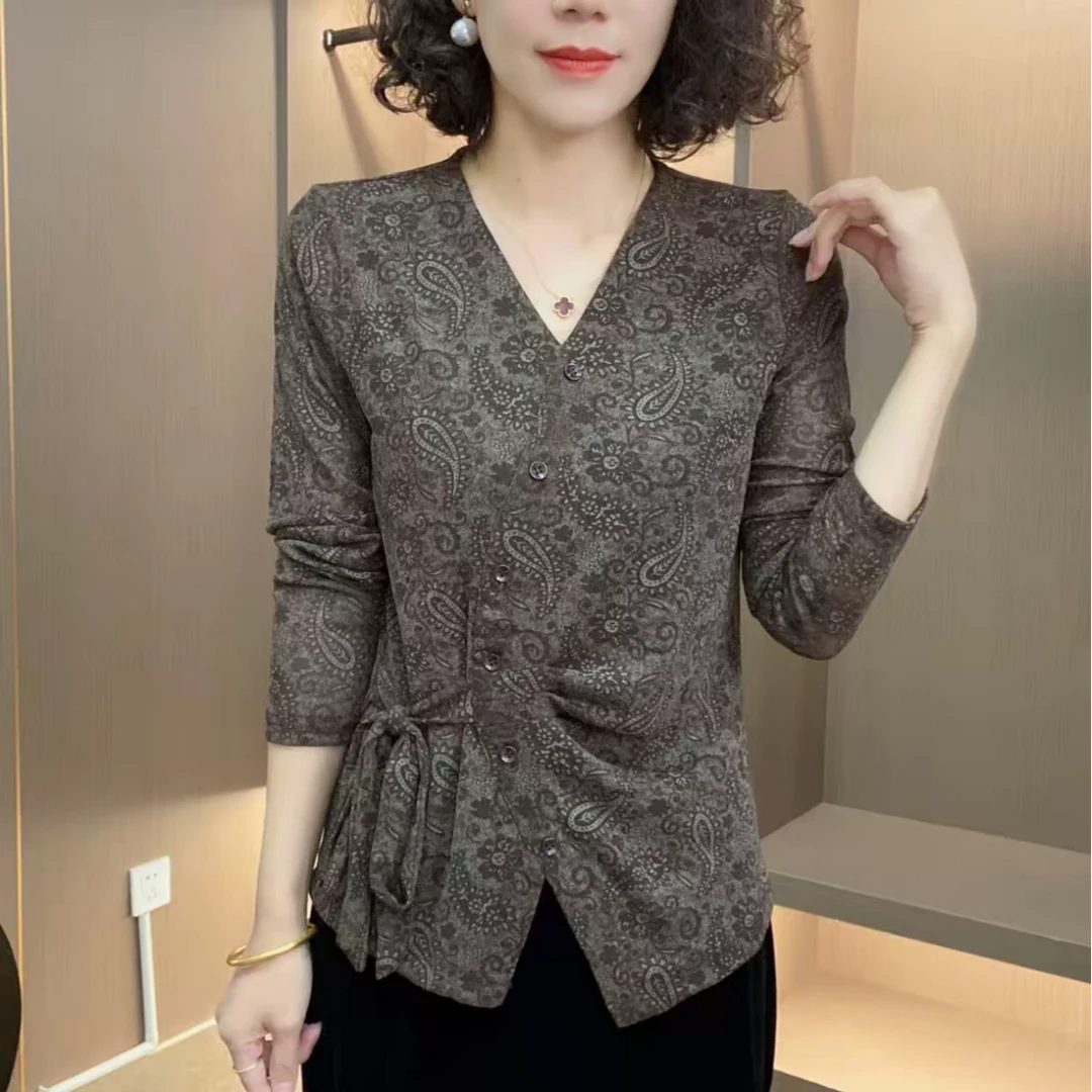 秋季新款V领不规则系带款修身凤尾花洋气时尚妈妈装打底衫上衣