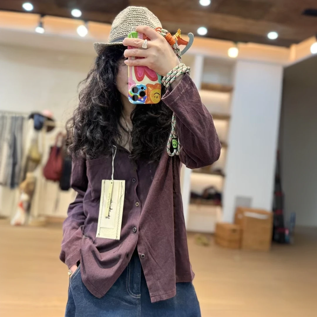 忆古朴拙亚麻领口三角针多扣翻领衬衣241202春季百搭简约