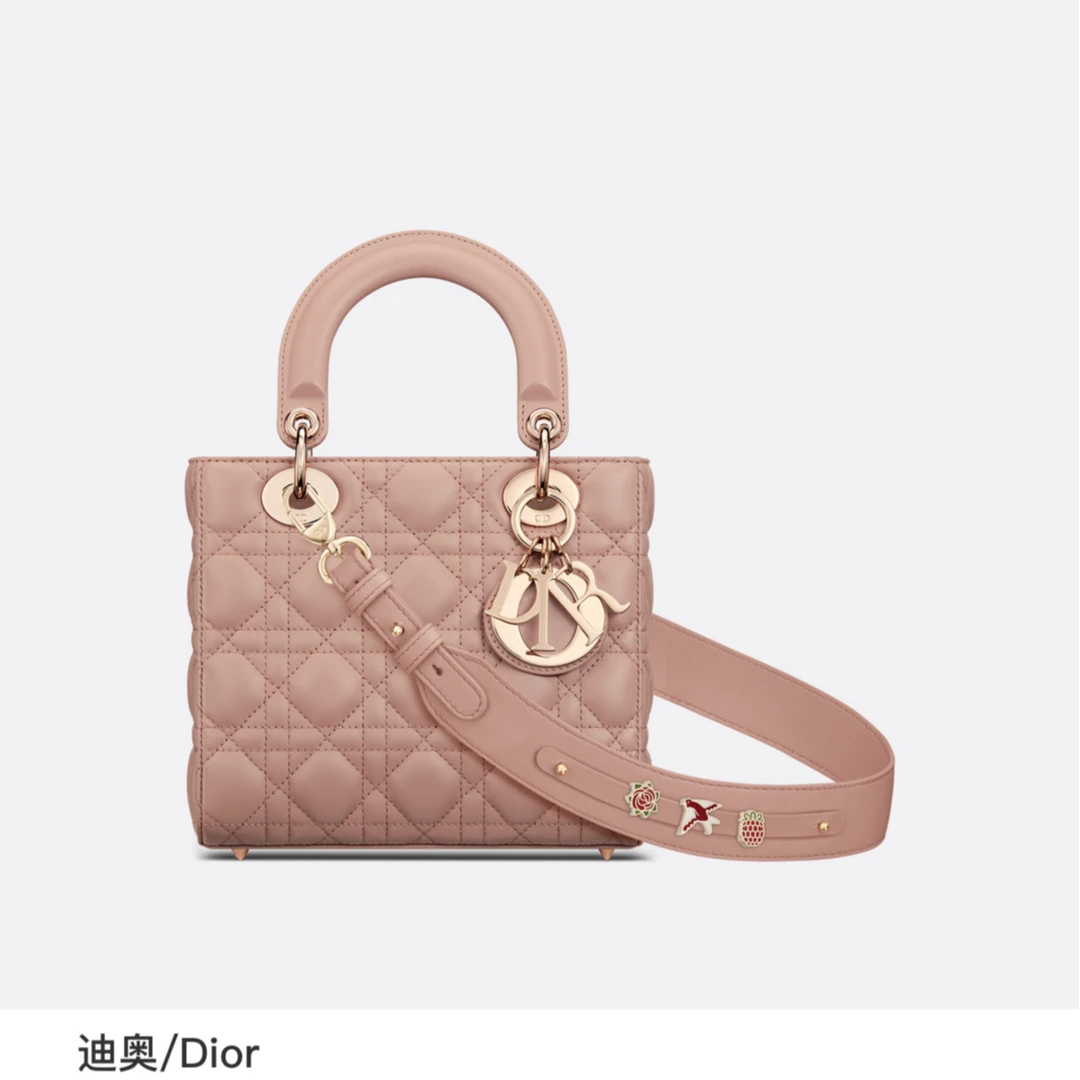 99新 DIOR/迪奥 闲置新 Lady 四格戴妃徽章款 肉桂色 金扣羊皮