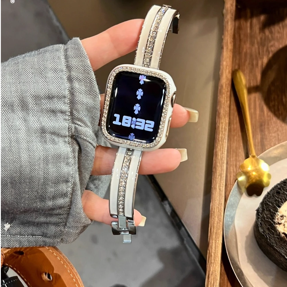 适用iwatchS10轻奢闪钻金属S9表链高级千金感镶钻SE腕带FIT4