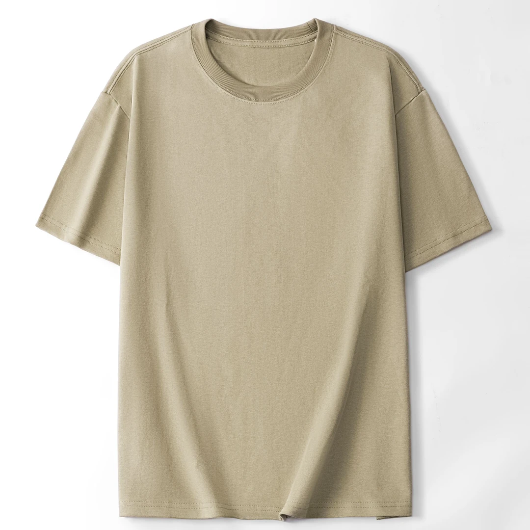 品牌代工厂100%重磅纯棉男女同穿简约短袖 沙杏