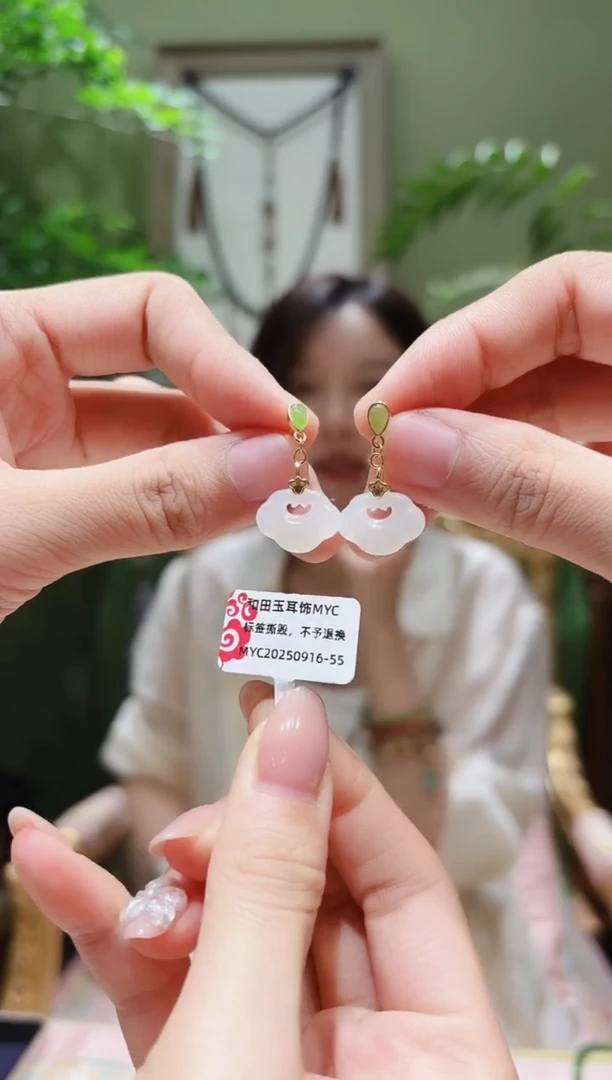 银S925镶嵌和田玉耳饰和田玉锁耳饰MYC0916-55多样性发货