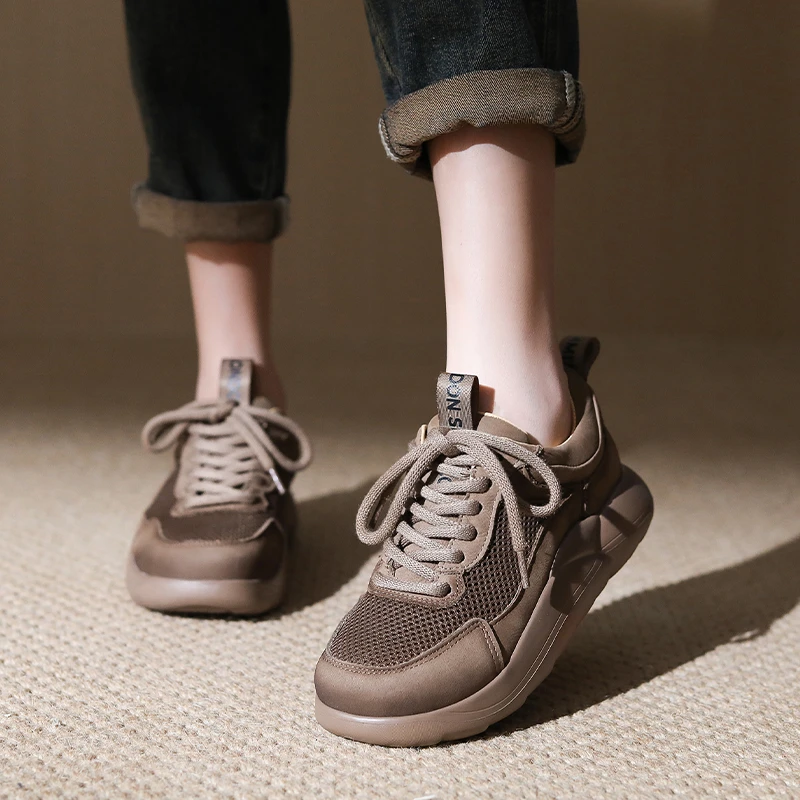 网面透气运动休闲鞋女厚底2025新款夏秋轻便学生板鞋百搭老爹鞋潮