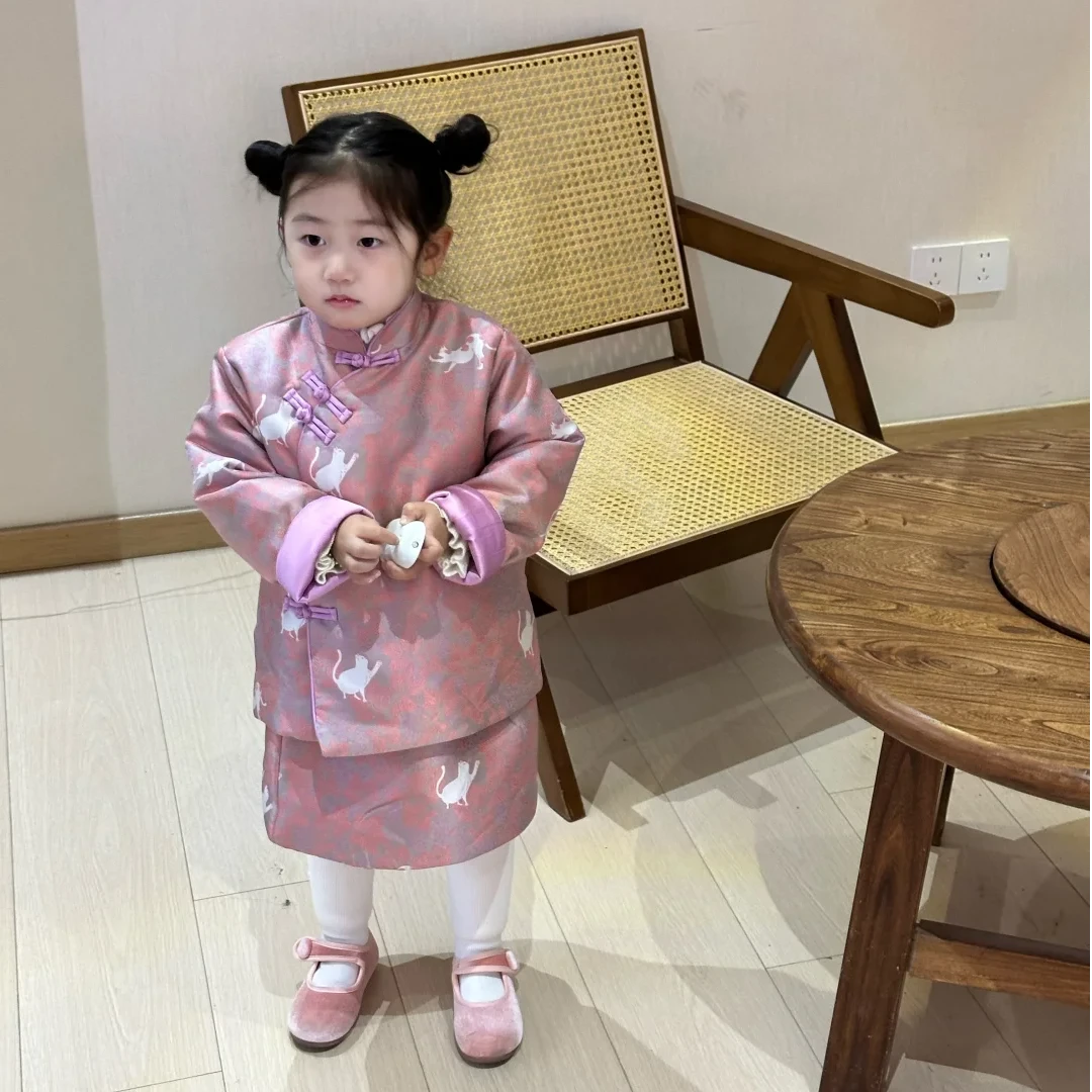 壹妈童装女童新年战袍套装儿童秋冬国风洋气粉紫色新中式外套半裙