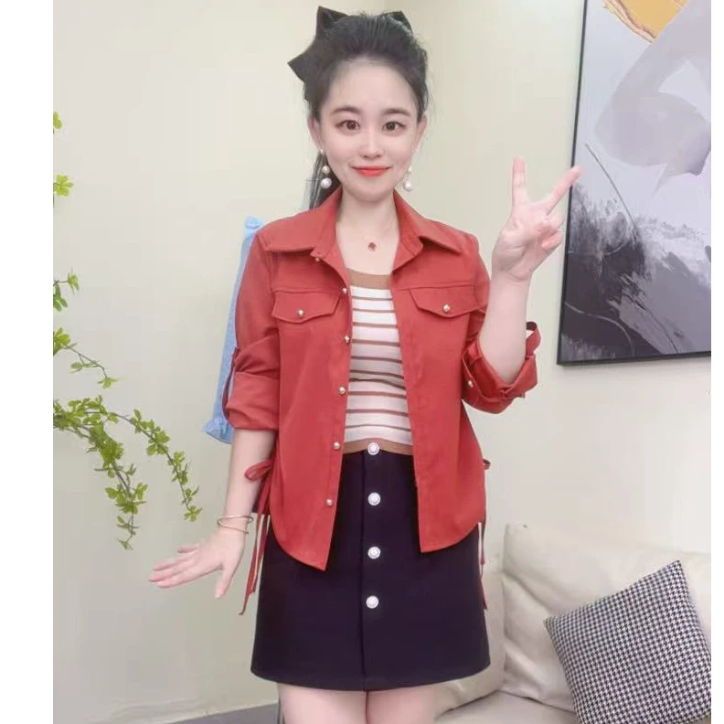 淑女日记 新款秋季长袖女士衬衫袖修身开襟抽绳纯色短外套上衣926