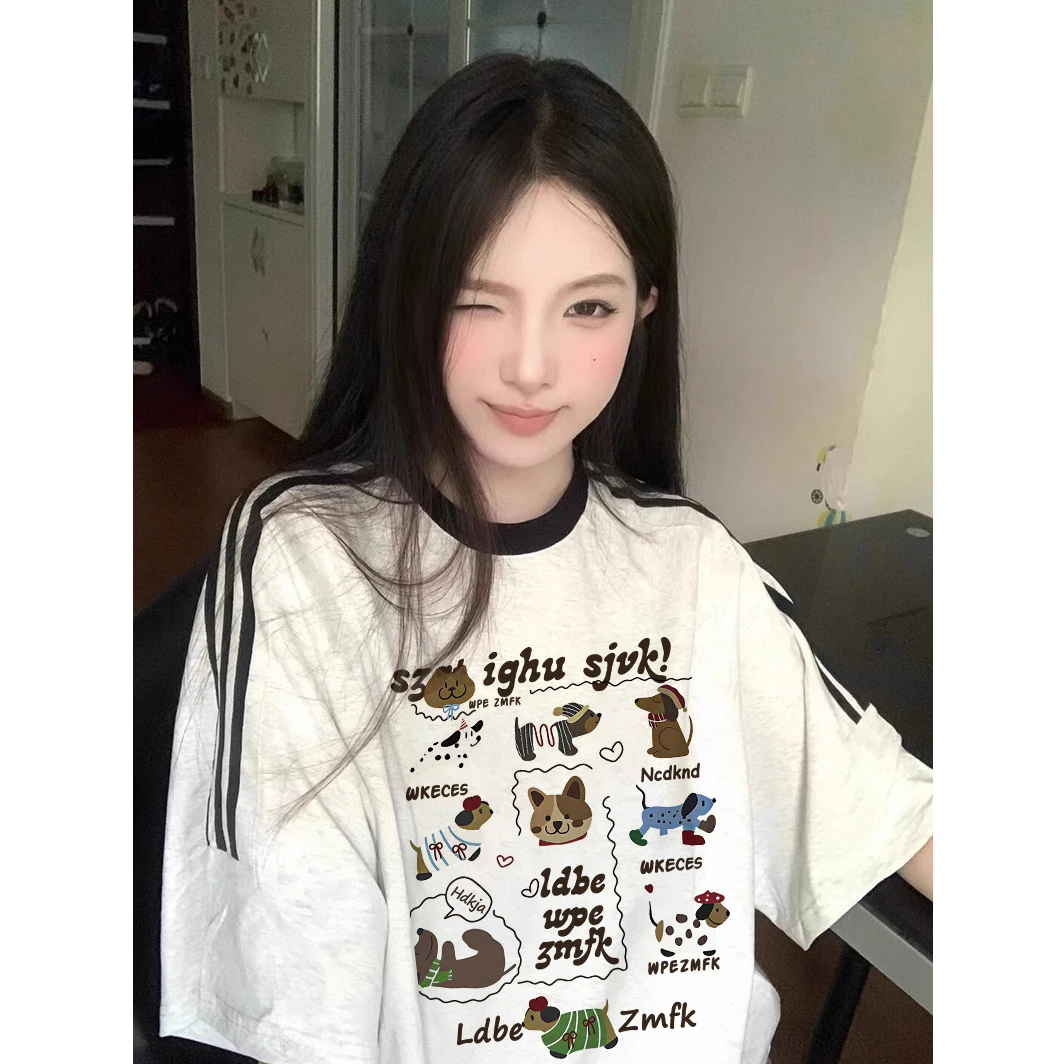 纯棉短袖夏季卡通趣味印花可爱宽松重磅半袖上衣美式复古t恤情侣