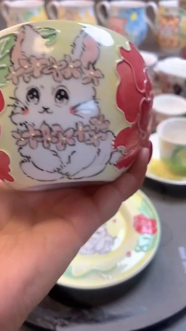 一味*手绘*锦兔衔丹杯