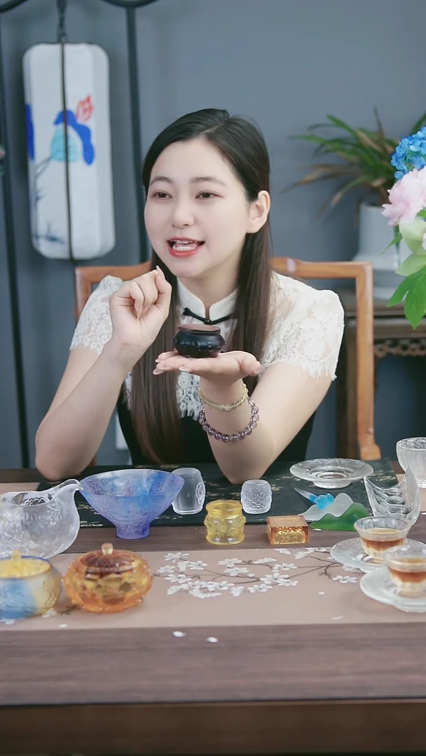 茶盏古法琉璃紫色十二时辰鼓形盖置