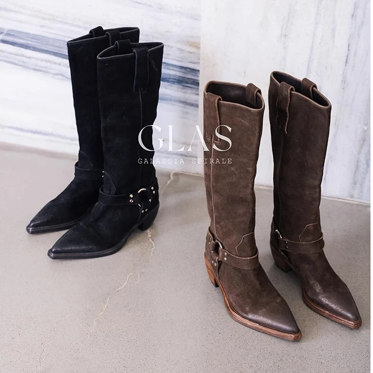 设计师原创 不羁洒脱热摔磨砂马皮尖头及膝靴骑士靴