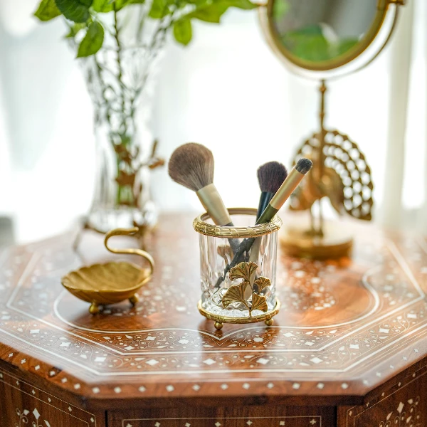 【奇居铜饰】黄铜水晶玻璃银杏叶笔筒桌面多功能收纳置物罐摆件#GY