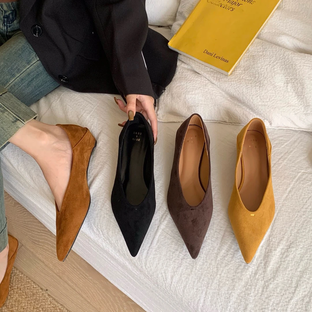 2025秋新品韩系绒面尖头粗跟气质小单鞋女百搭一脚蹬低跟浅口女鞋