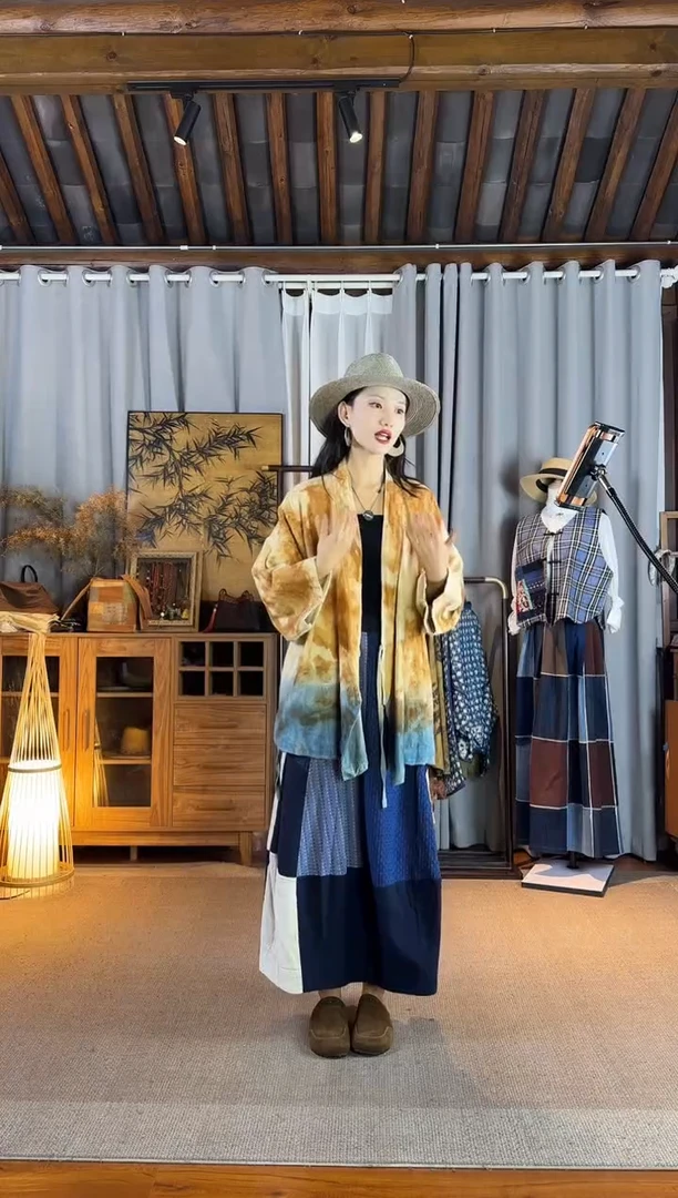 设计师款柿子蓝染汉麻外套