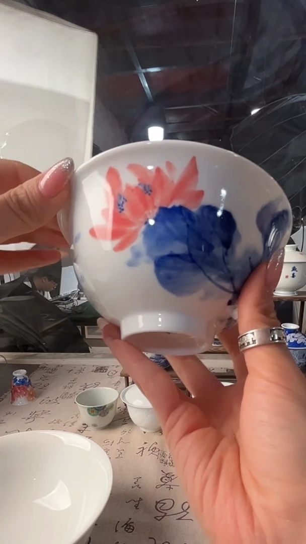 杯九畹柴窑-手绘荷花小碗（直径13cm）