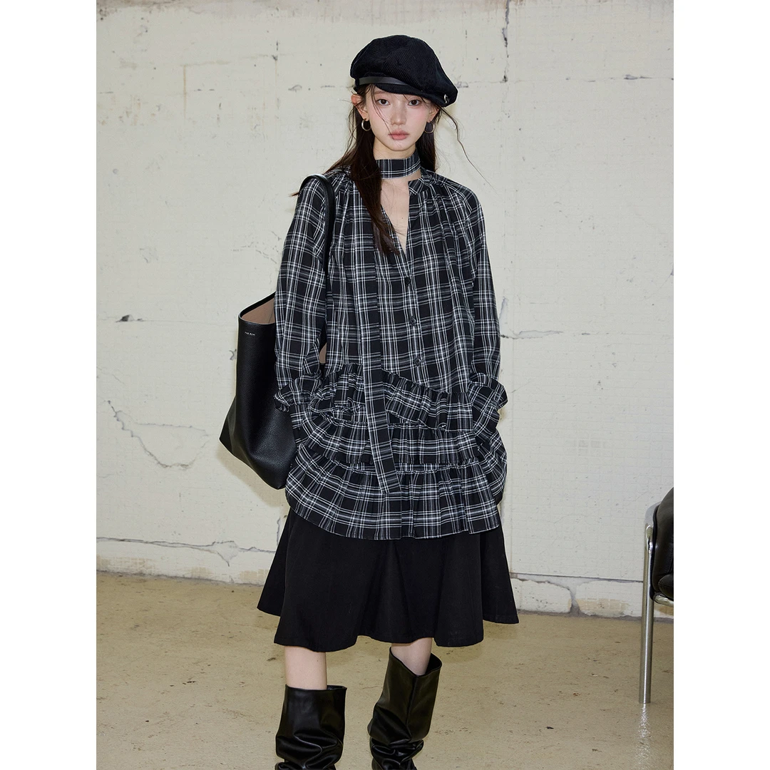SALTHe盐茶丨【自由生长】格纹荷叶边连衣裙女休闲百搭长袖衬衫裙