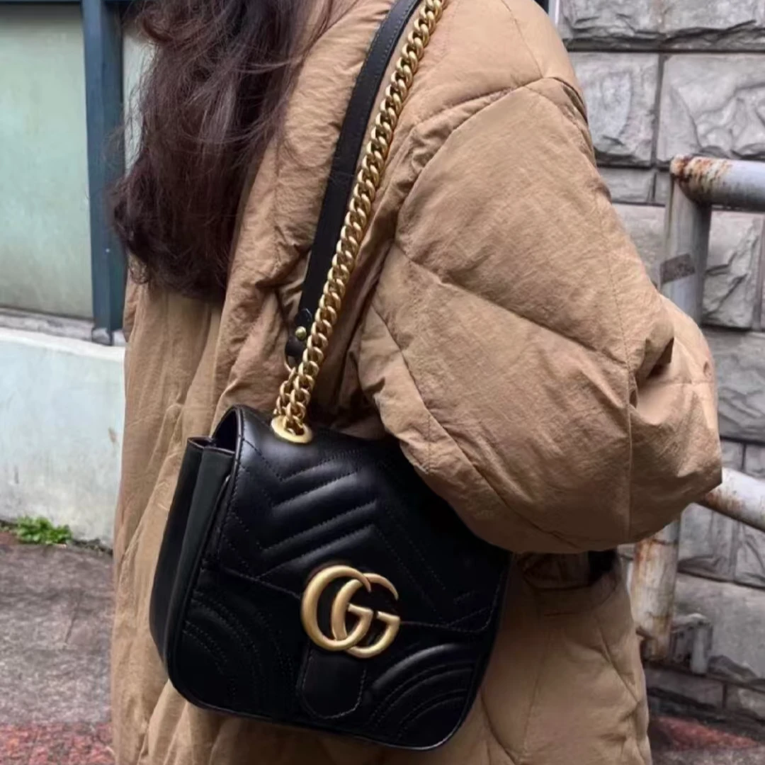 95新 GUCCI/古驰 马蒙方胖子黑金小香风时尚网红单肩肩包黑色