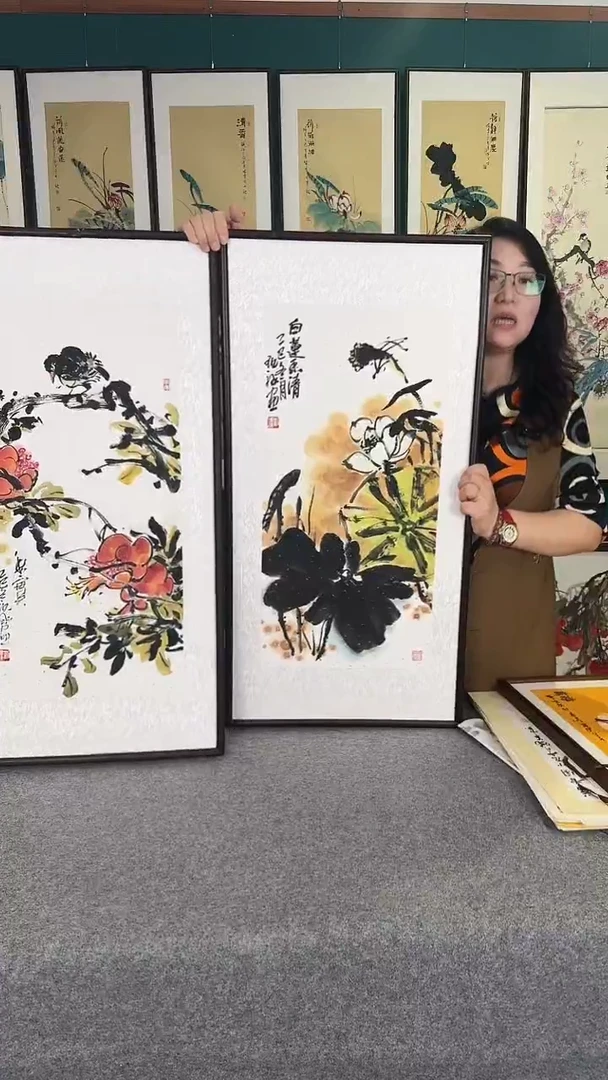 国画45*90石榴荷花实木装裱