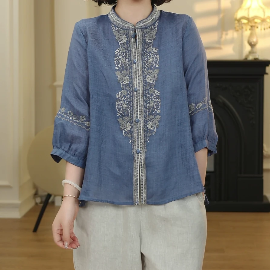 苎麻刺绣款小衫复古文艺斜纹苎麻上衣夏季薄款透气衬衫-2108