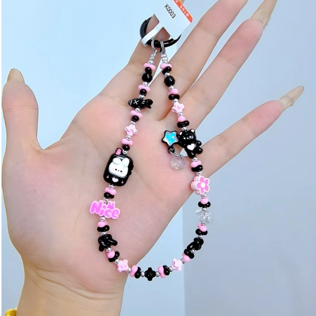 155黑粉甜酷风卡通小熊兔子手机链ccd相机挂绳钥匙扣挂件防丢挂饰