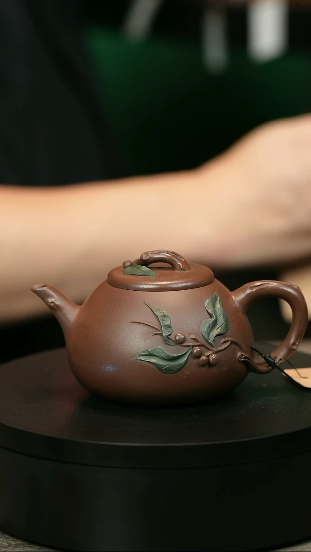 茶壶紫砂M****gH1975周卓琴彩绘贴叶树圆