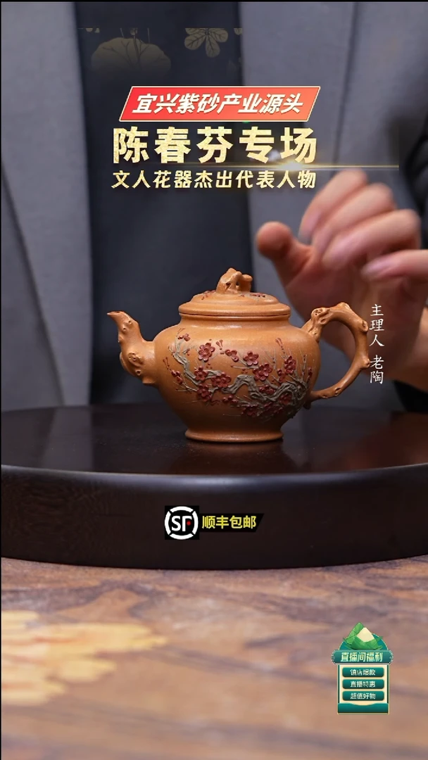 茶壶紫砂老段泥梅花堆绘报春250cc