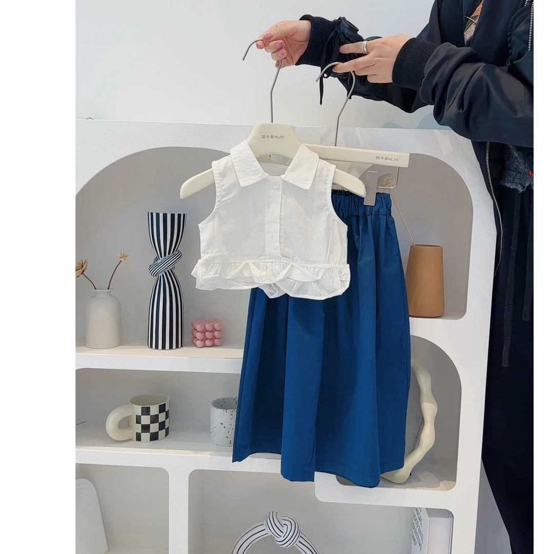 圆子家 女童套装夏季2025新款无袖背心衬衫直筒裤小童韩系套装