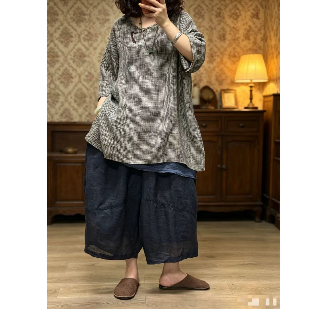 【若汐女装】夏季宽松百搭设计手工缝制领口纯亚麻上衣3361