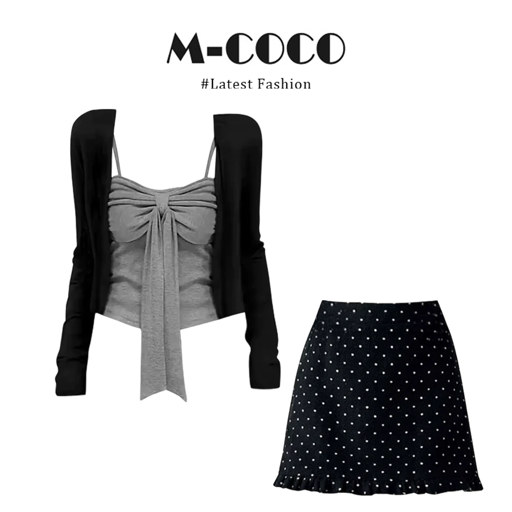 MARIE.COCO法式纯欲风蝴蝶结吊带背心针织开衫上衣波点短裙三件套