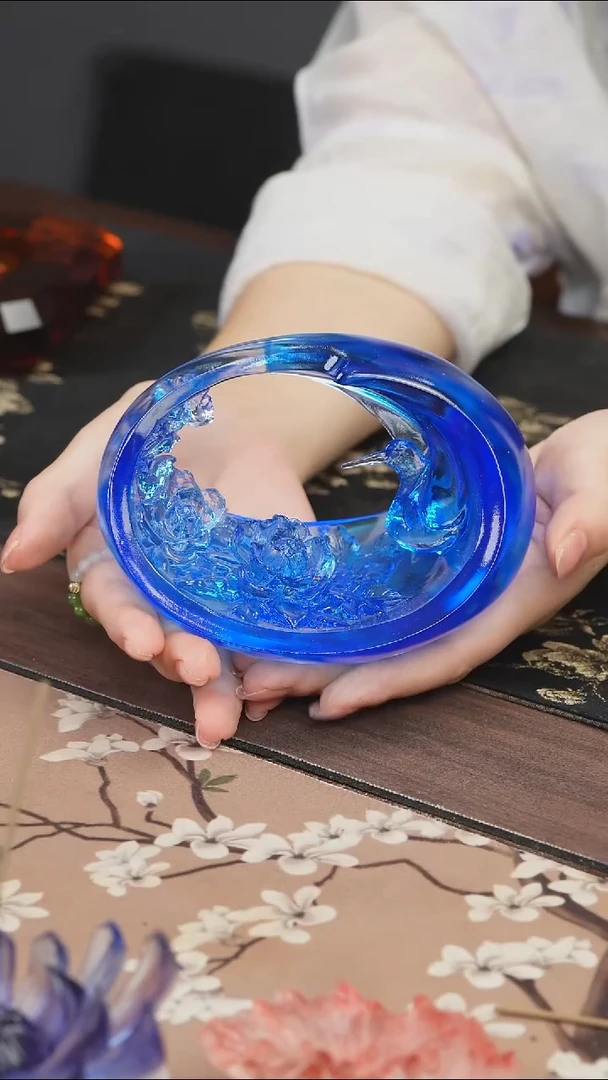 手工艺品琉璃牡丹仙鹤摆件