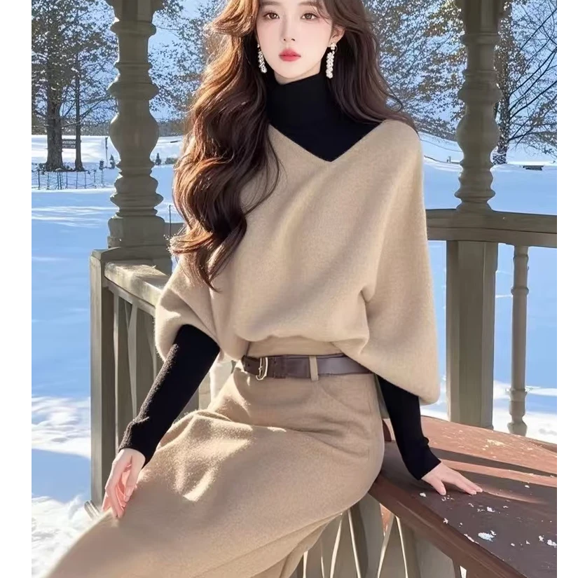 2024冬季穿搭一整套气质名媛女装洋气燕麦色三件套针织上衣裙套装
