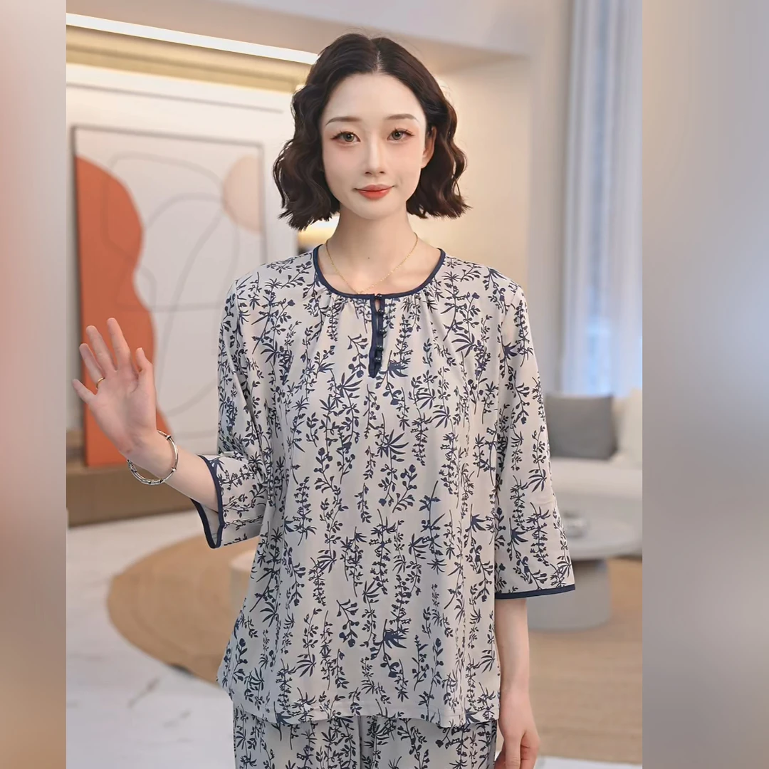秋鹿32支纯棉针织印花圆领七分袖九分裤女套夏季透气休闲