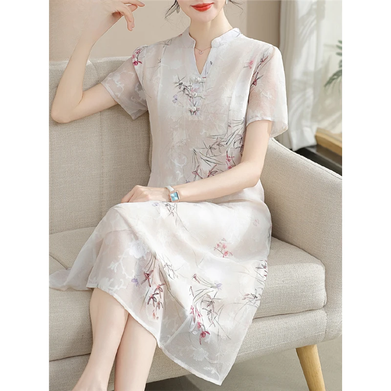 小个子妈妈夏装连衣裙高贵中老年人女夏天雪纺裙子洋气阔太太长裙