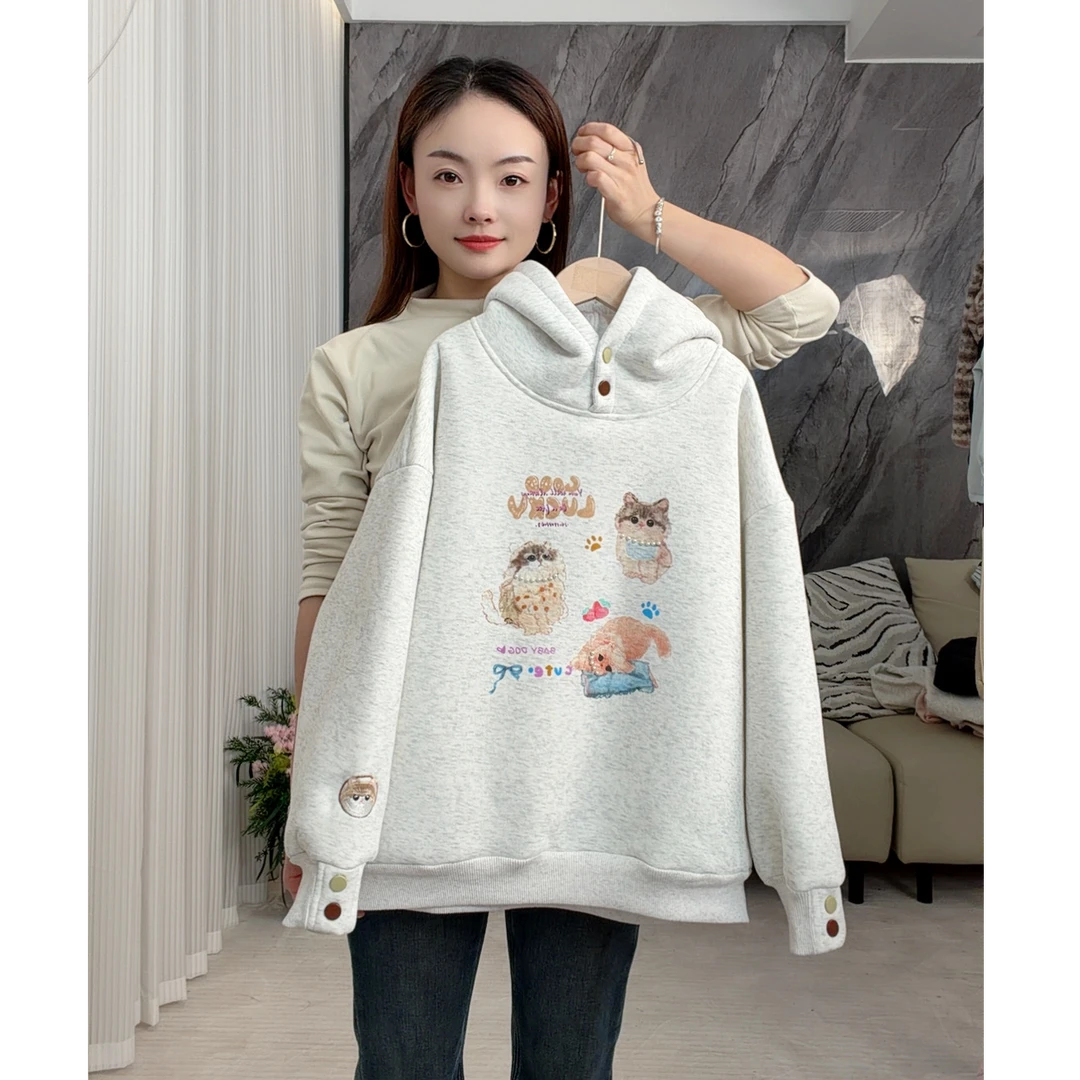 【恬颖KIDS】冬季2025新款韩系珍珠围巾猫咪宽松加绒加厚连帽卫衣女