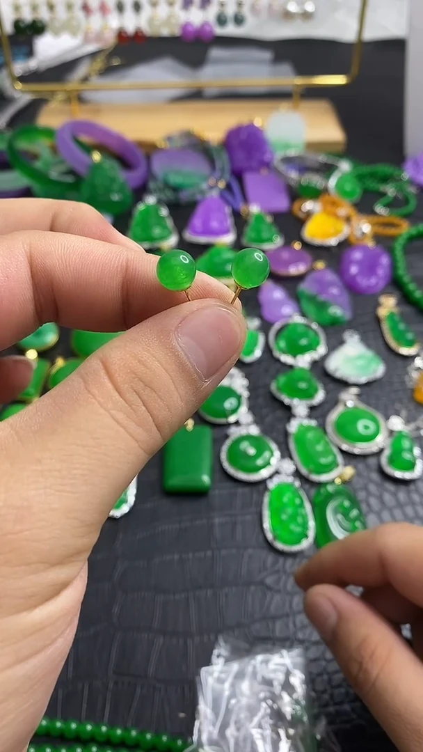 银S925镀金镶嵌翡翠耳钉S006