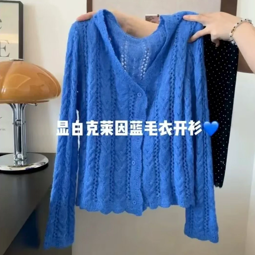 镂空麻花设计感蓝色显白长袖针织女2025秋季温柔慵懒风开衫上衣