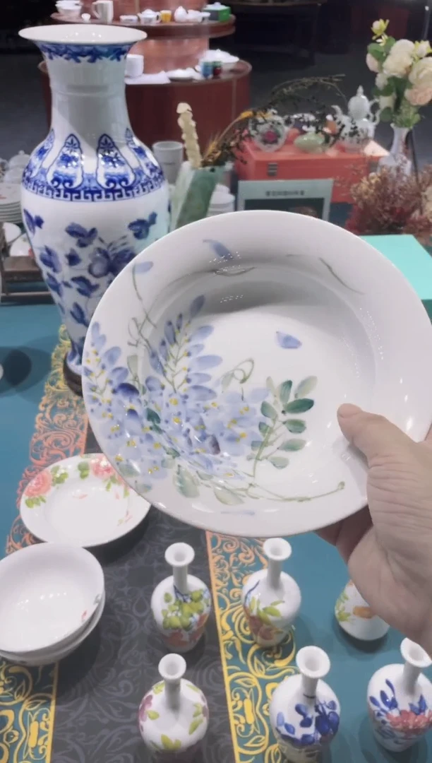 瓷景德镇高温白瓷手绘釉下彩紫藤花汤盘