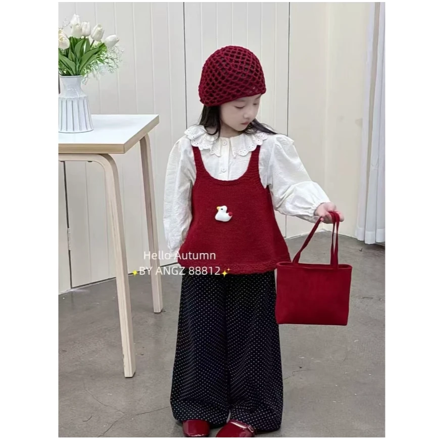 女童秋装套装2025秋季新款韩版上衣马甲裤子三件套小鸭装饰波点裤