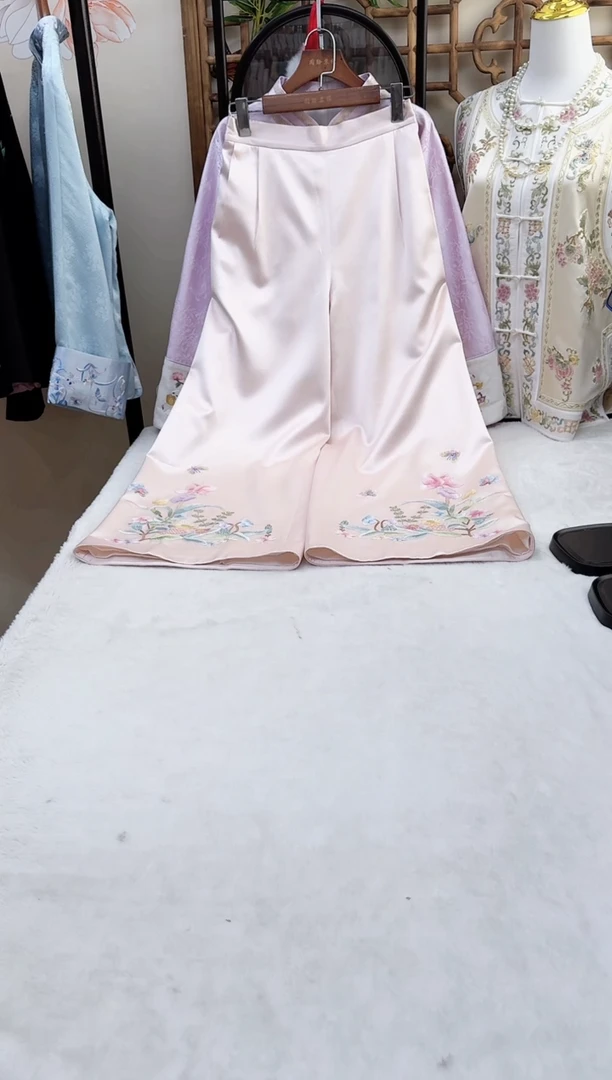 织绣真丝粉色阔腿裤