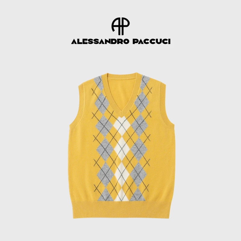 AP洛哥53064MB【英伦气息】纯羊绒V领菱形格纹撞色无袖时尚百搭背心