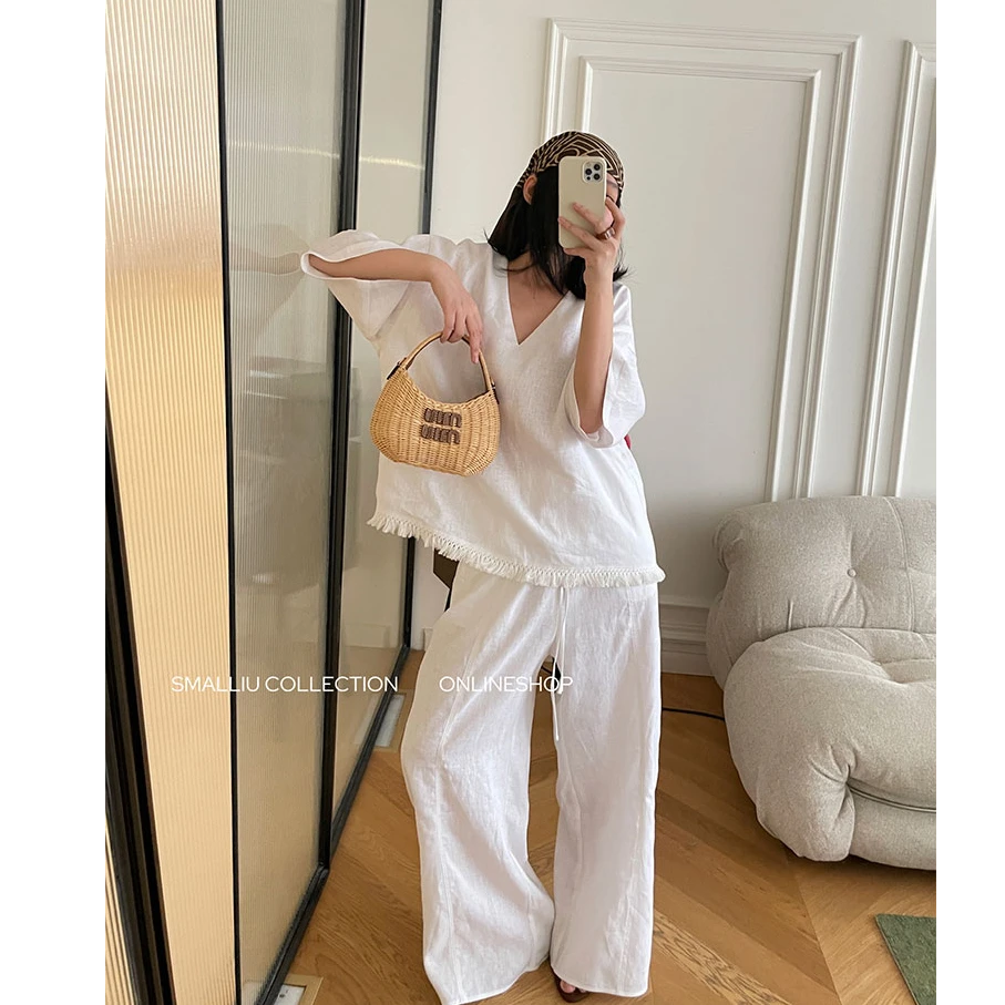 SMALLIU 亚麻白色套装V领上衣松紧带百搭裤两件套