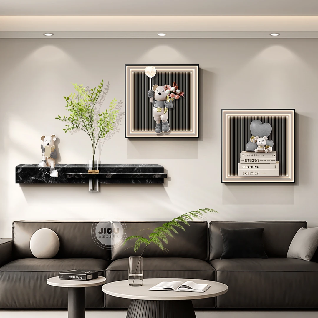 轻奢暴力熊客厅装饰画水培绿植正方形电视沙发背景墙挂画组合壁画