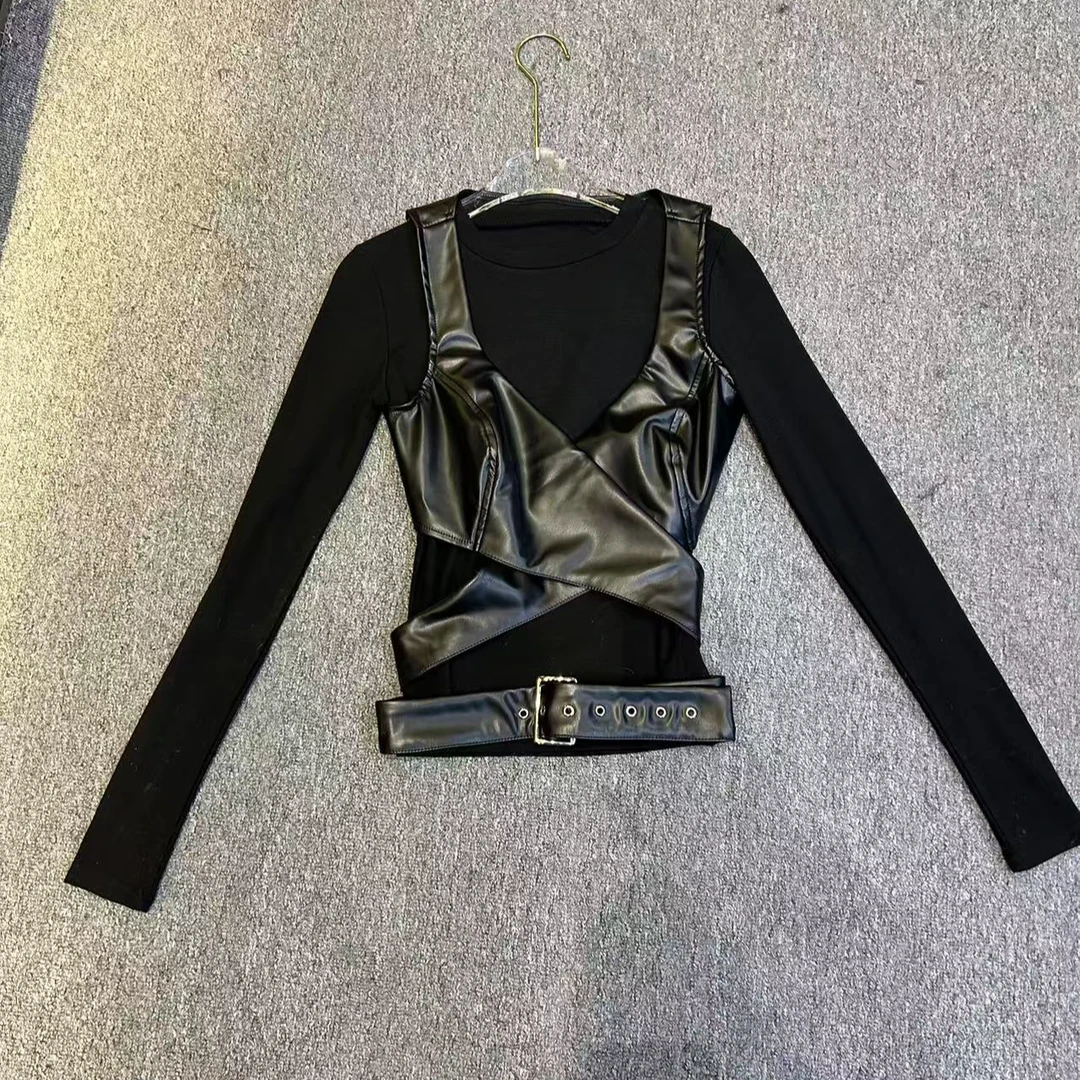 假两件皮拼接圆领长袖T恤打底衫女修身显瘦气质上衣潮