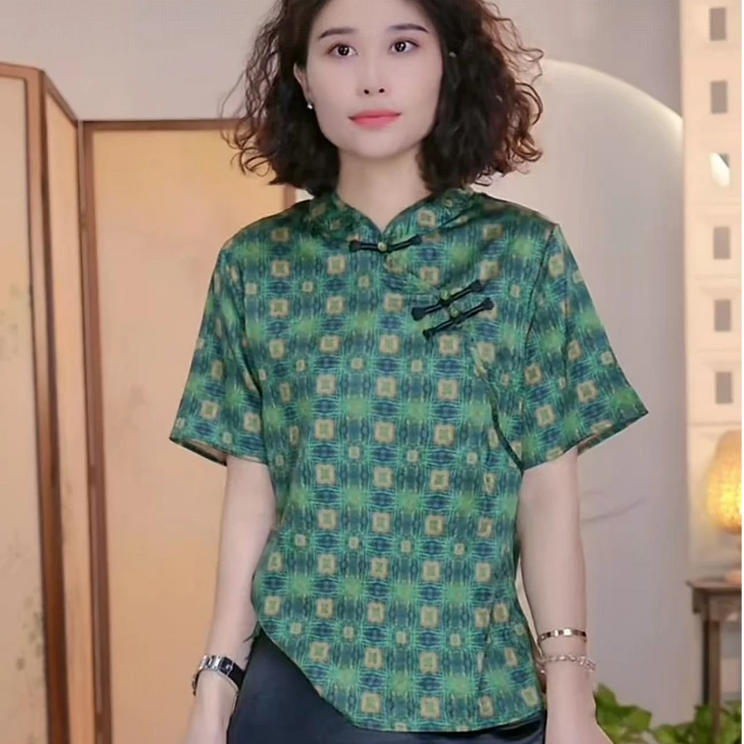 绿格子状万花筒印花斜襟小衫08
