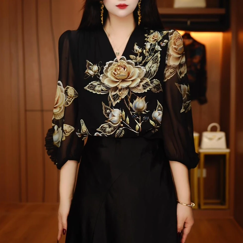 W250068- 新款琉璃双皱丝洋气时尚百搭休闲气质女士印花小衫显瘦