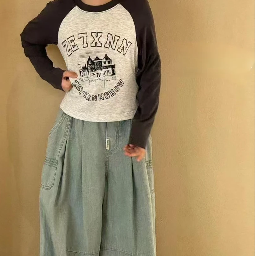 1001韩版2025春季儿童时尚潮流插肩袖长袖+绿色阔腿牛仔裤套装