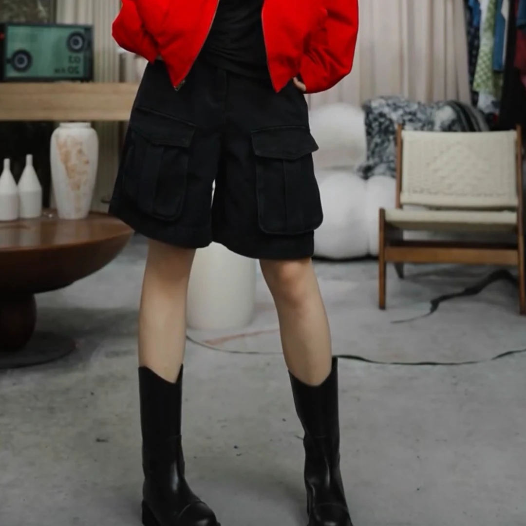 infobyfive福利秋冬大口袋工装牛仔短裤中裤四分裤二店NF0507210