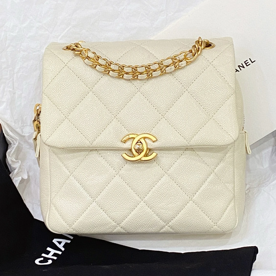 95新 Chanel/香奈儿 奶油白 双肩包/7SH37698