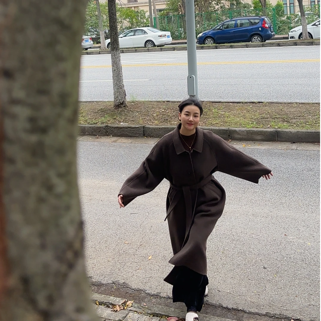 小方领女中长款轻职风长款毛呢外套外套连帽宽松户外
