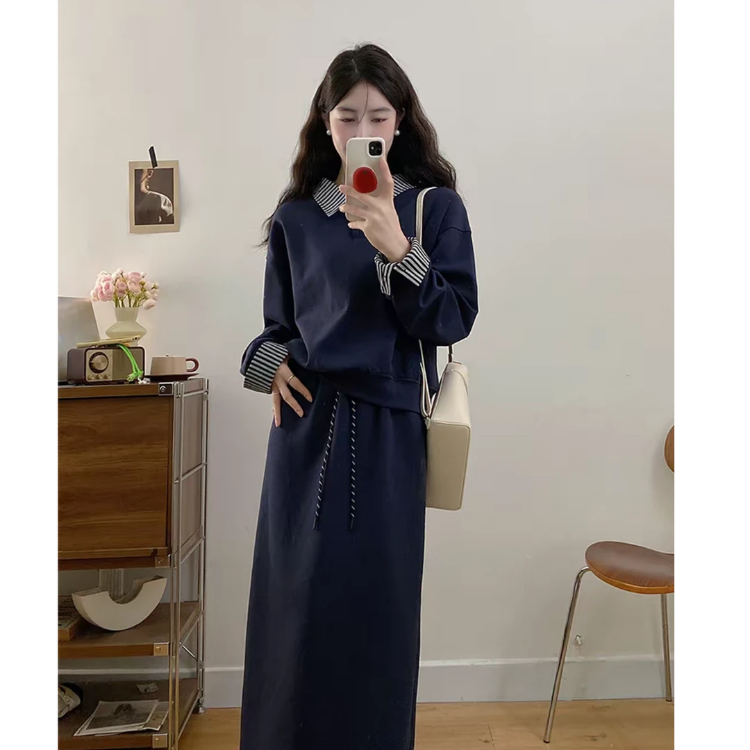 2025新款胖MM大码韩版铜氨丝大码女时尚拼接翻领裙子套装---8809