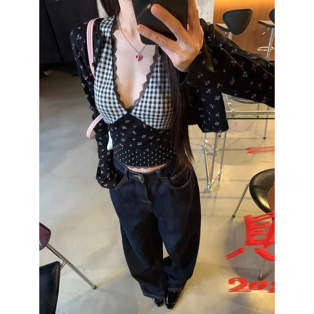 短款复古设计甜辣格子拼接波点吊带女春秋新款显瘦开衫套装两件套