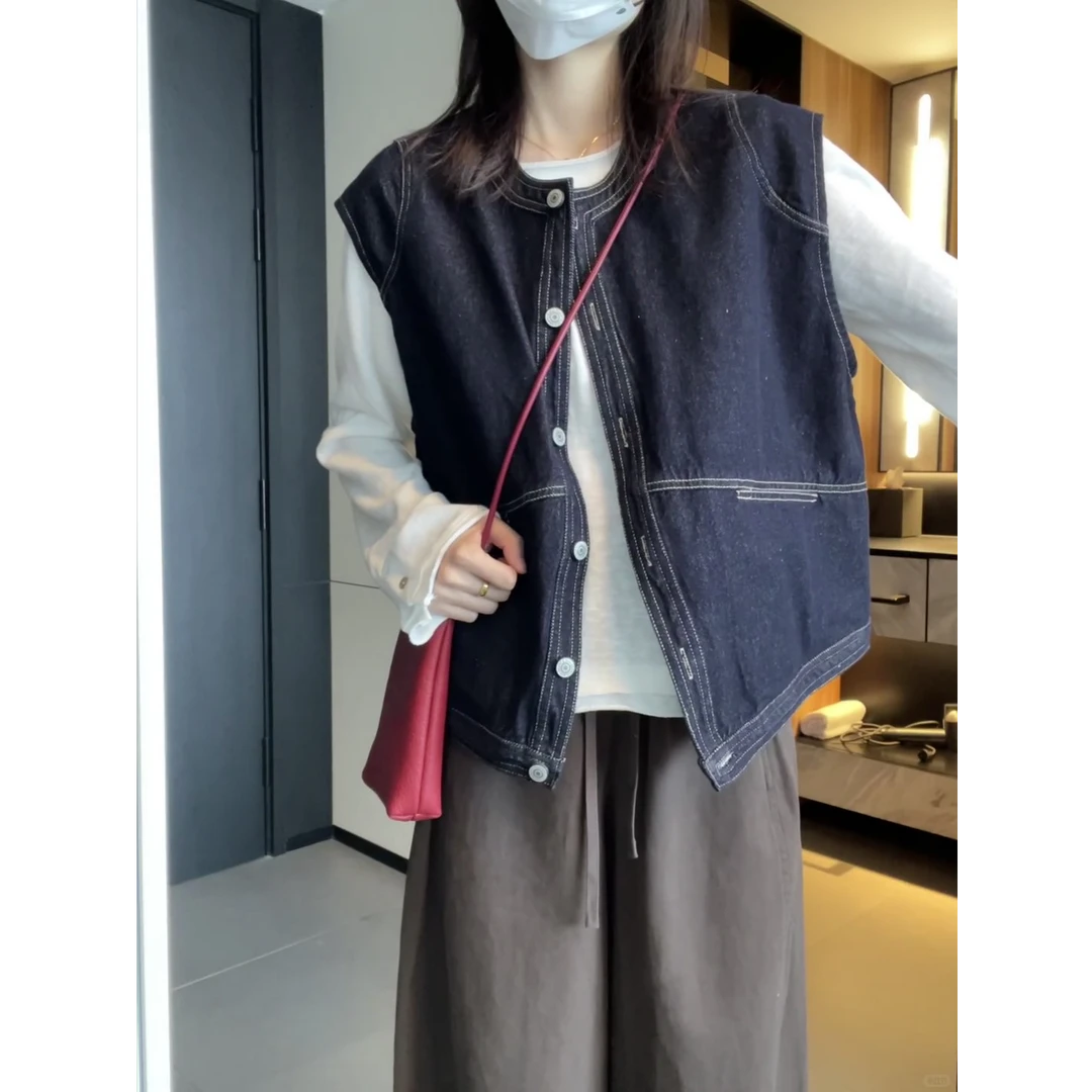 韩版复古牛仔马甲女春秋2025新款宽松时尚小个子无袖坎肩外搭上衣